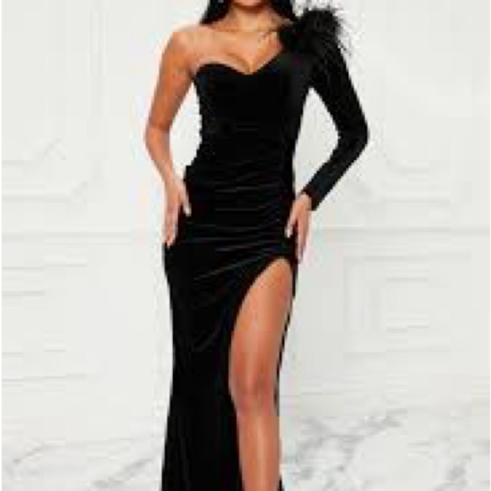 Black Feather Trim High Slit Dress
